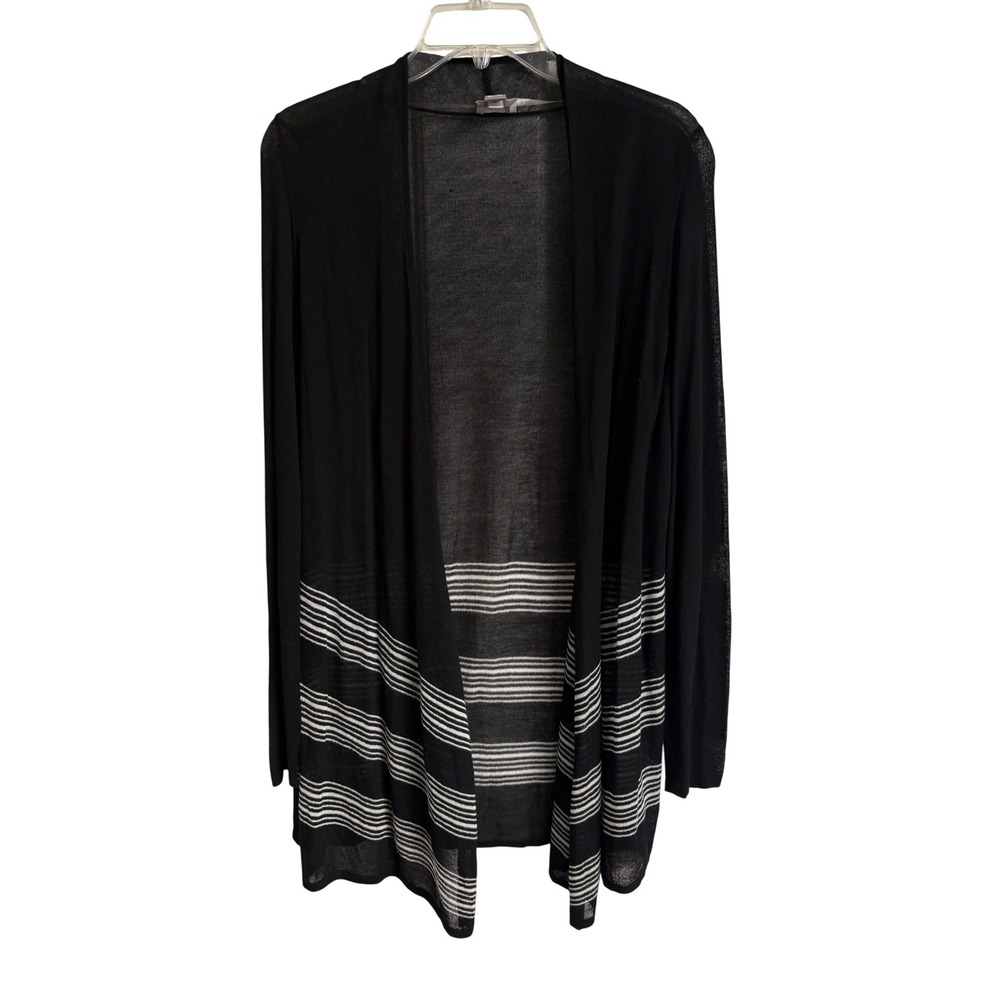 Chicos Travelers Collection Black White Striped Open Front Cardigan Size 1 M